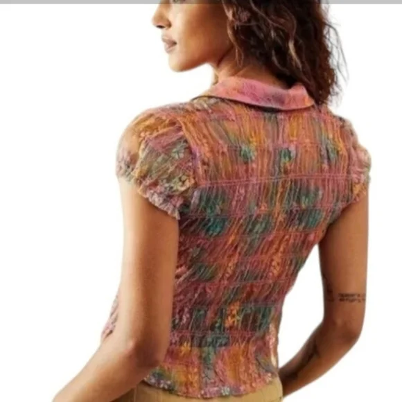 Free People Julie Printed Sheer Lace Mesh Smocked Top Tropical Sunset‎  Combo - Picture 3 of 14